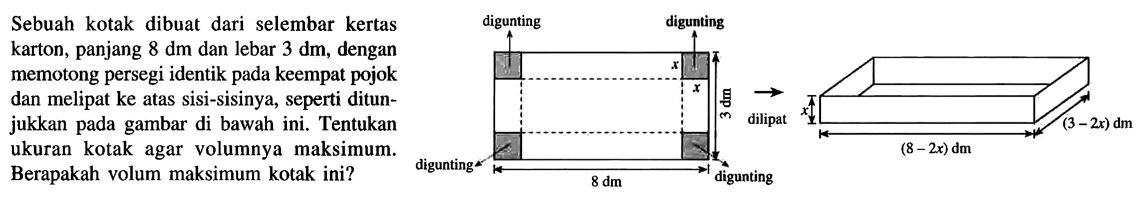 Sebuah kotak dibuat dari selembar kertaskarton, panjang  8 dm  dan lebar  3 dm , denganmemotong persegi identik pada keempat pojokdan melipat ke atas sisi-sisinya, seperti ditun-jukkan pada gambar di bawah ini. Tentukanukuran kotak agar volumnya maksimum.Berapakah volum maksimum kotak ini?