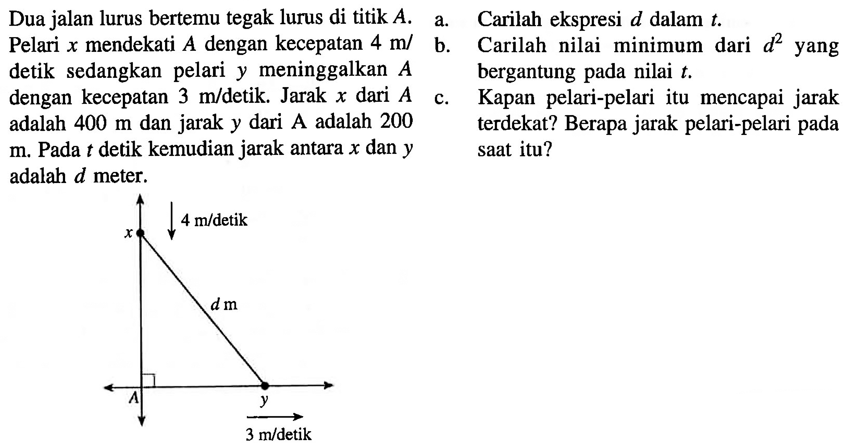 Dua jalan lurus bertemu tegak lurus di titik A. Pelari x mendekati A dengan kecepatan 4 m/detik sedangkan pelari y meninggalkan A dengan kecepatan 3 m/detik. Jarak x dari A adalah 400 m dan jarak y dari A adalah 200 m. Pada t detik kemudian jarak antara x dan y adalah d meter. 
x 4 m/detik d m A y 3 m/detik 
a. Carilah ekspresi d dalam t. 
b. Carilah nilai minimum dari d^2 yang bergantung pada nilai t. 
c. Kapan pelari-pelari itu mencapai jarak terdekat? Berapa jarak pelari-pelari pada saat itu?