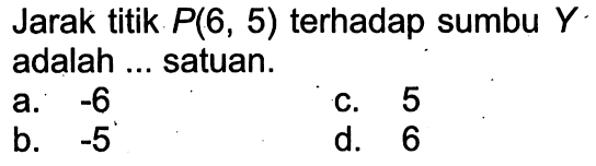 Jarak titik P(6, 5) terhadap sumbu Y adalah ... satuan.