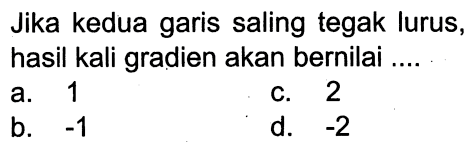 Jika kedua garis saling tegak lurus, hasil kali gradien akan bernilai