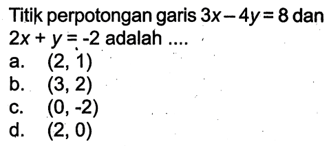 Titik perpotongan garis 3x - 4y = 8 dan 2x + y = -2 adalah ...