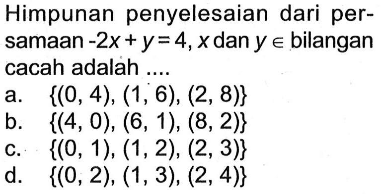 Himpunan penyelesaian dari persamaan -2x+y=4, x dan y e bilangan cacah adalah ....