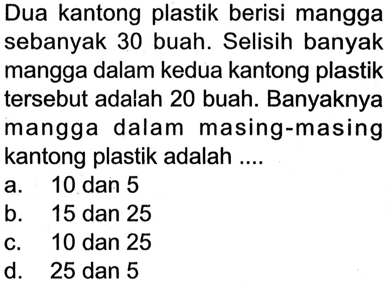 Dua kantong plastik berisi mangga sebanyak 30 buah. Selisih banyak mangga dalam kedua kantong plastik tersebut adalah 20 buah. Banyaknya mangga dalam masing-masing kantong plastik adalah ....