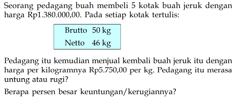 Seorang pedagang buah membeli 5 kotak buah jeruk dengan harga Rp1.380.000,00. Pada setiap kotak tertulis: Brutto   50 kg  Netto   46 kg  Pedagang itu kemudian menjual kembali buah jeruk itu dengan harga per kilogramnya Rp5.750,00 per kg. Pedagang itu merasa untung atau rugi?Berapa persen besar keuntungan/kerugiannya?