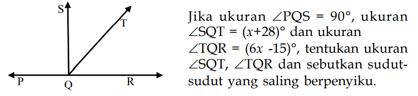 Jika ukuran sudut PQS=90, ukuran sudut SQT=(x+28) dan ukuran sudut TQR=(6x-15), tentukan ukuran sudut SQT, sudut TQR dan sebutkan sudut-sudut yang saling berpenyiku.