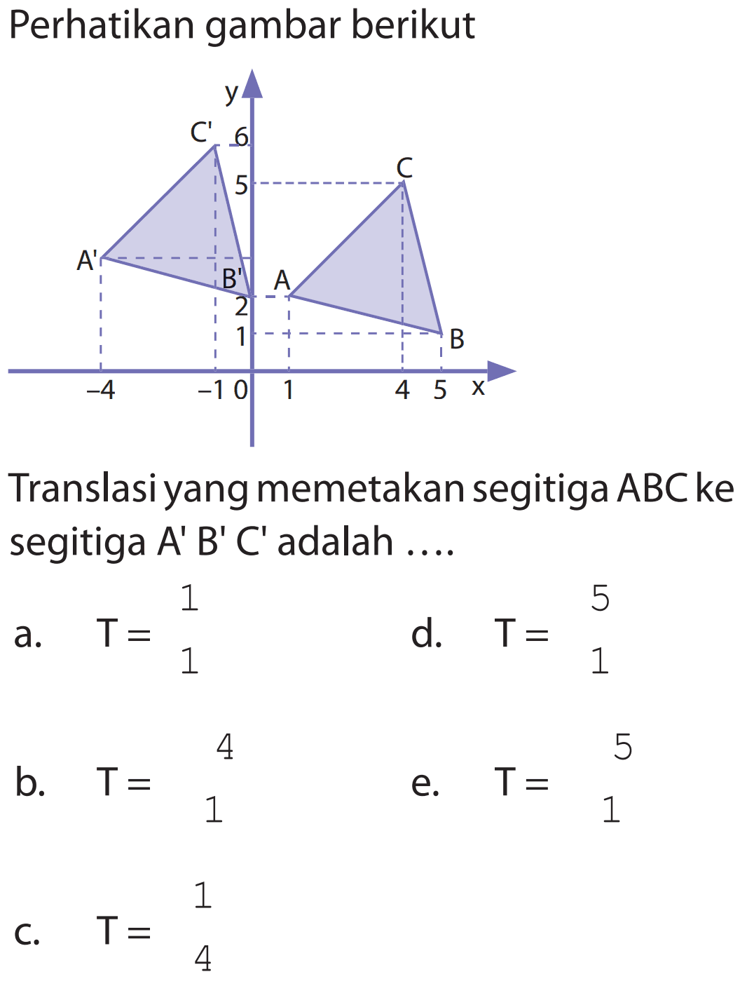 Perhatikan gambar berikut. Translasi yang memetakan segitiga ABC ke segitiga A'B'C' adalah ...