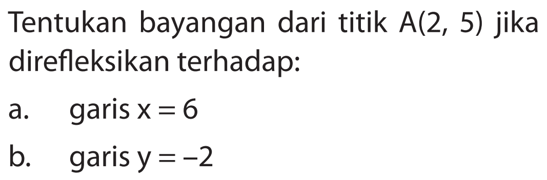 Tentukan bayangan dari titik A(2, 5) jika direfleksikan terhadap: a. garis X=6 B. garis y = -2