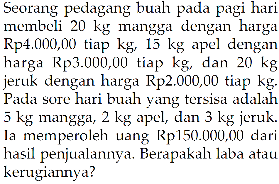 Seorang pedagang buah pada pagi hari membeli  20 kg  mangga dengan harga Rp4.000,00 tiap kg,  15 kg  apel dengan harga Rp3.000,00 tiap  kg , dan  20 kg  jeruk dengan harga Rp2.000,00 tiap kg. Pada sore hari buah yang tersisa adalah  5 kg  mangga,  2 kg  apel, dan  3 kg  jeruk. Ia memperoleh uang Rp150.000,00 dari hasil penjualannya. Berapakah laba atau kerugiannya?