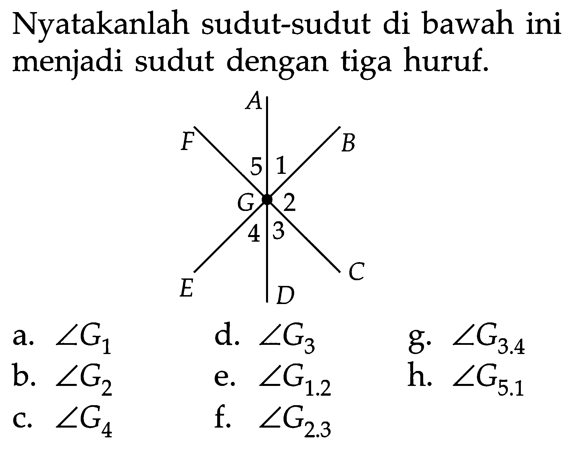 Nyatakanlah sudut-sudut di bawah ini menjadi sudut dengan tiga huruf. A F B 5 1 G 2 4 3 C E Da.  sudut G1 d.  sudut G3 g.  sudut G3.4 b.  sudut G2 e.  sudut G1.2 h.  sudut G5.1 c.  sudut G4 f.  sudut G2.3 