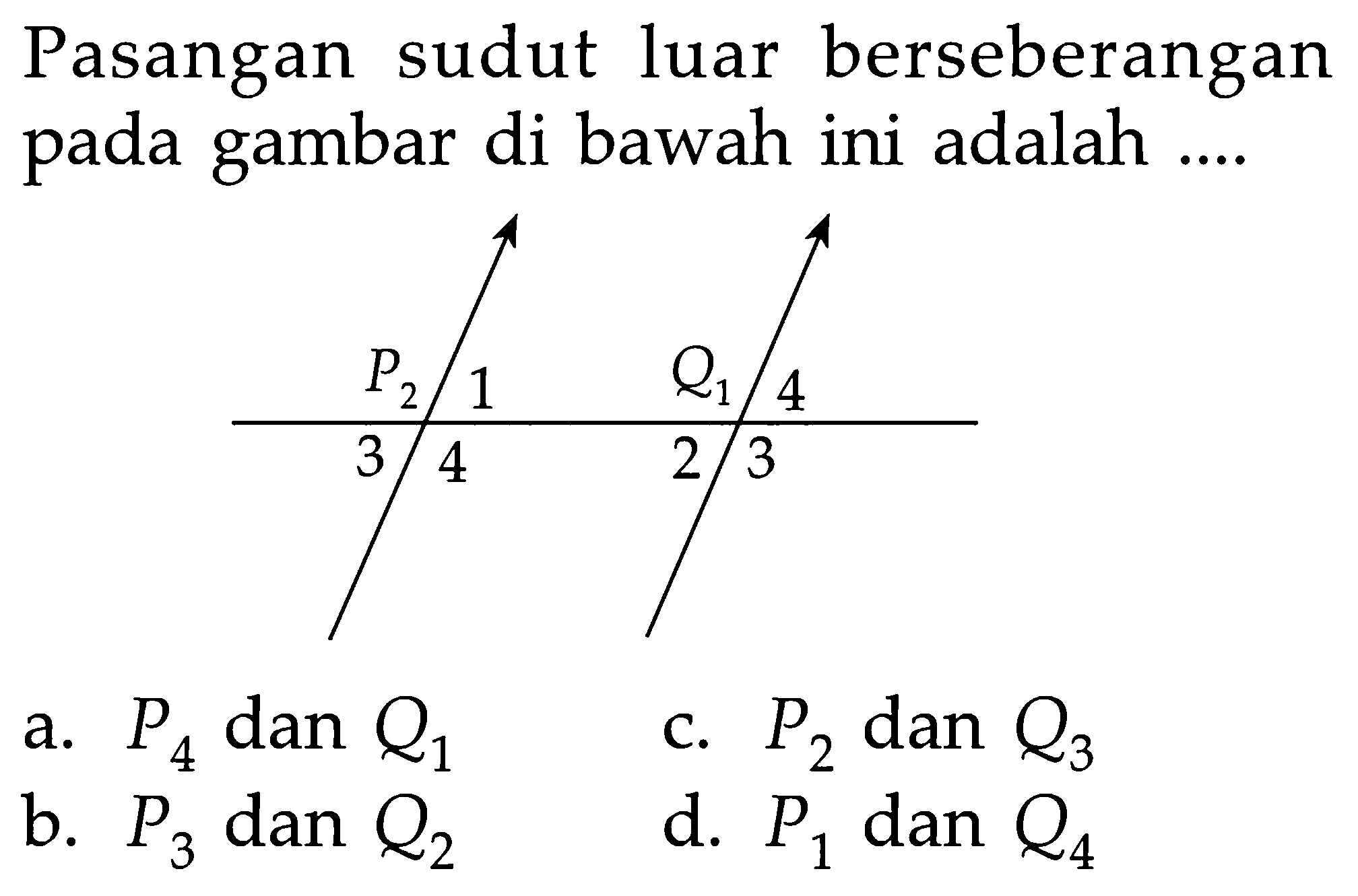 Pasangan sudut luar berseberangan pada gambar di bawah ini adalah ....P2 1 Q1 4 3 4 2 3