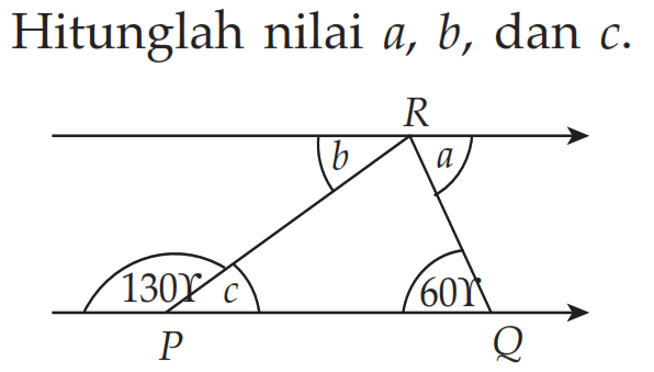 Hitunglah nilai a, b , dan c.
R
b a
130 upsilon c 60 upsilon
P Q