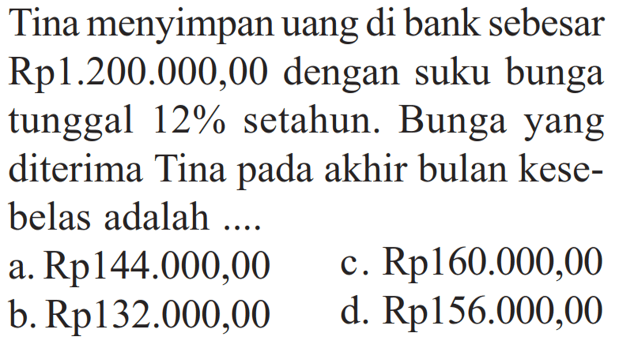 Tina menyimpan uang di bank sebesar Rp1.200.000,00 dengan suku bunga tunggal 12% setahun. Bunga yang diterima Tina pada akhir bulan kesebelas adalah....