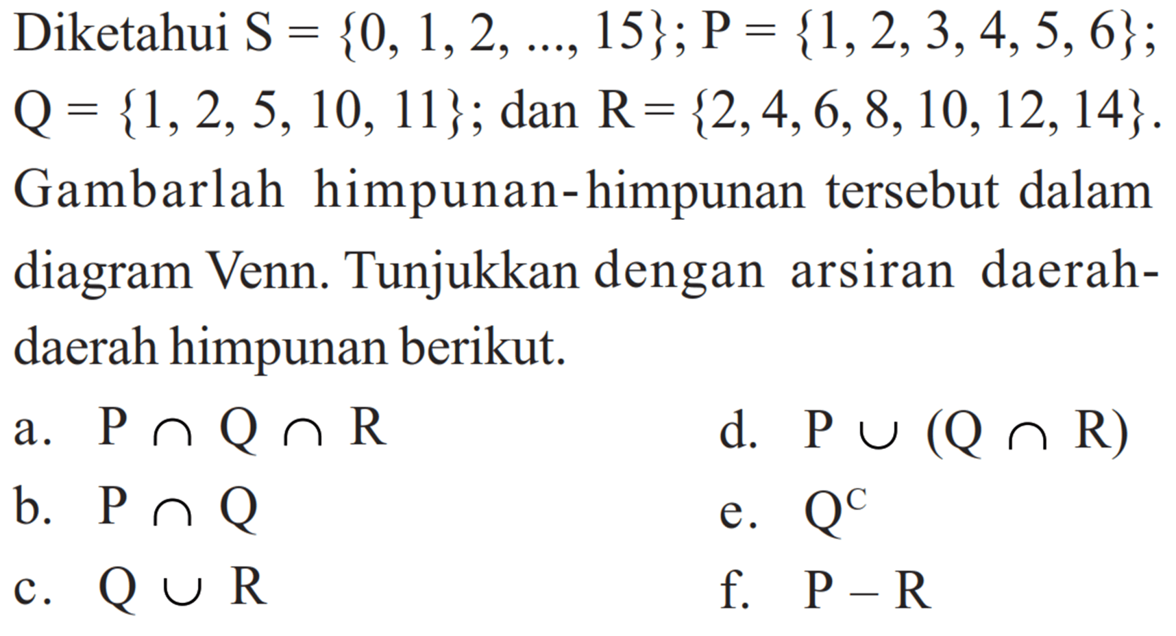 Diketahui S = {0, 1, 2, 15}; P = {1, 2, 3, 4, 5, 6}; Q = {1, 2, 5, 10, 11}; dan R = {2, 4, 6, 8, 10, 12, 14}. Gambarlah himpunan-himpunan tersebut dalam diagram Venn. Tunjukkan dengan arsiran daerah- daerah himpunan berikut. a. P n Q n R d. P U (Q n R) b. P n Q e. Q^C c. Q U R f. P-R