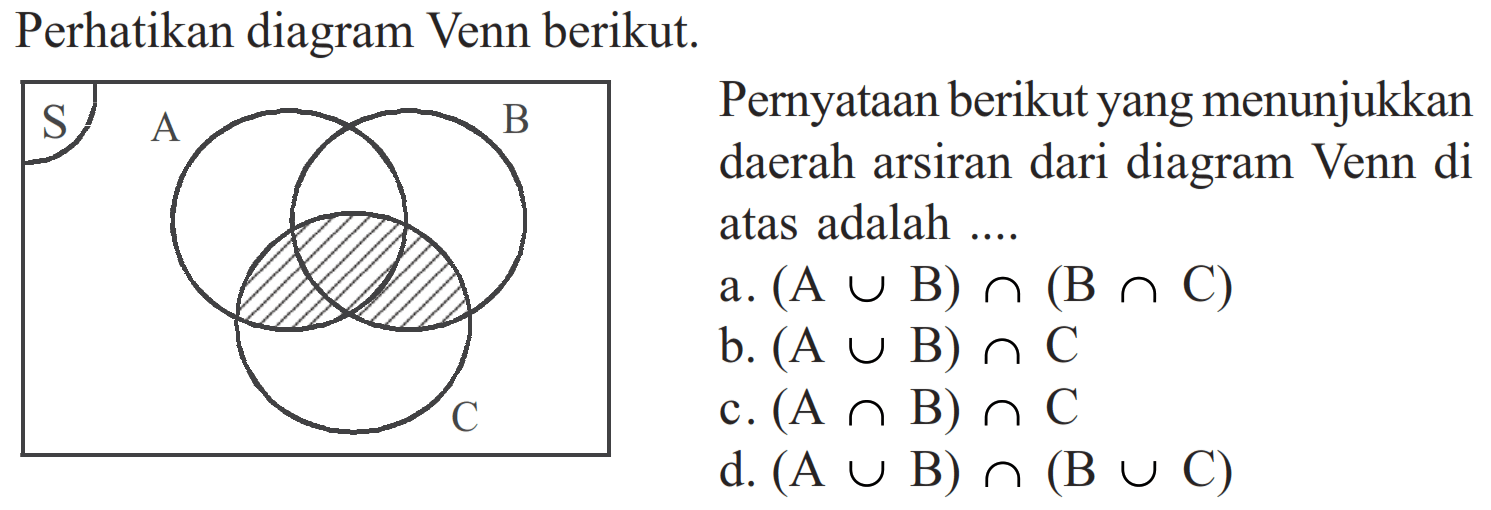 Perhatikan diagram Venn berikut. Pernyataan berikut yang menunjukkan daerah arsiran dari diagram Venn di atas adalah .... S A B C