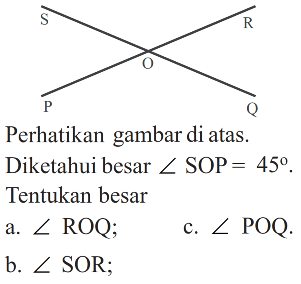 Gambar: Garis PR bersilangan dengan garis QS dengan titik potong O.Perhatikan gambar di atas.Diketahui besar  sudut SOP = 45.Tentukan besara.  sudut ROQ ;b.  sudut SOR ;c.  sudut POQ .