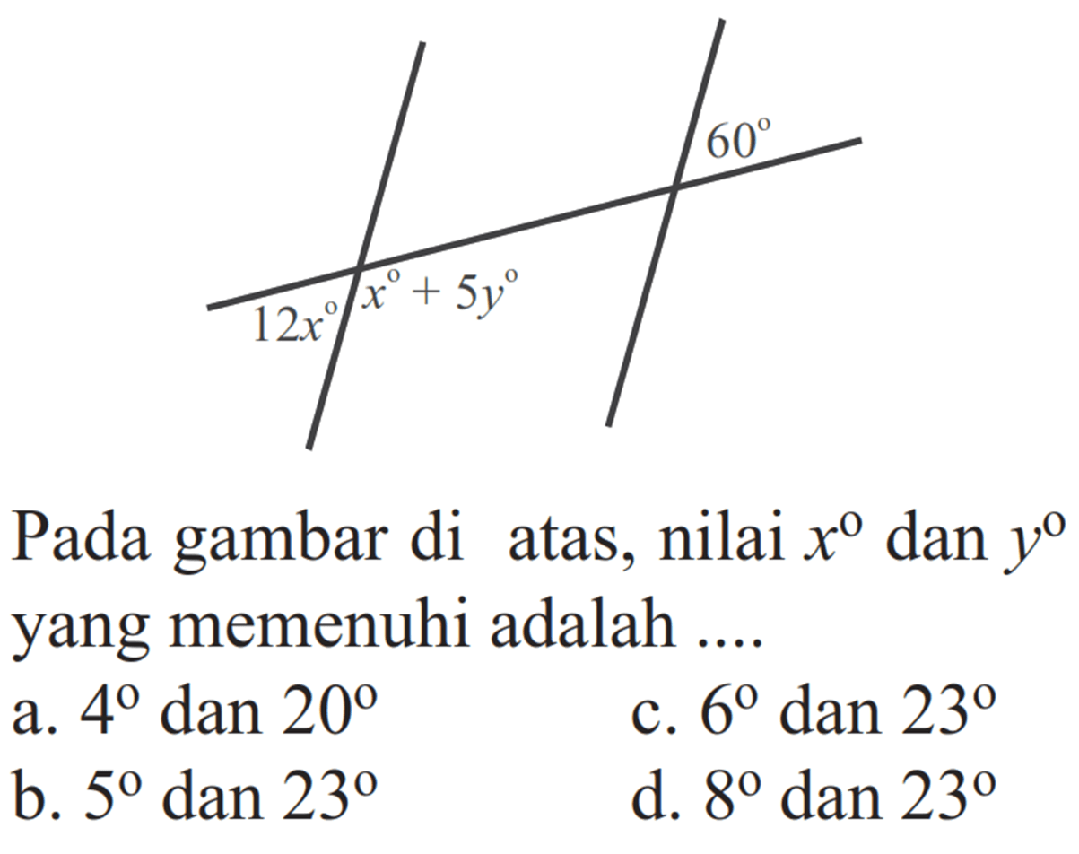 Pada gambar di atas, nilai  x  dan  y  yang memenuhi adalah ....a.  4  dan  20 c.  6  dan  23 b.  5  dan  23 d.  8  dan  23 