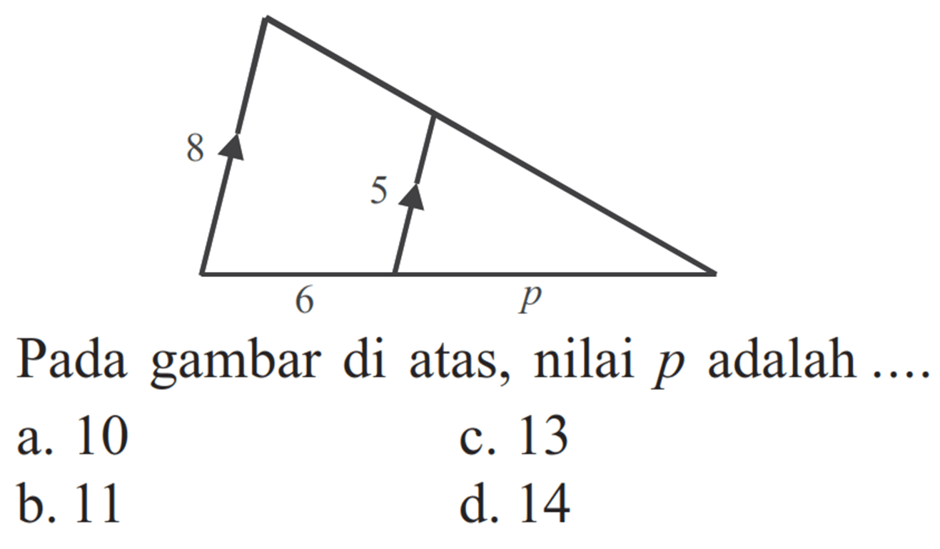 Pada gambar di atas, nilai p adalah .... 8 5 6a. 10
c. 13
b. 11
d. 14