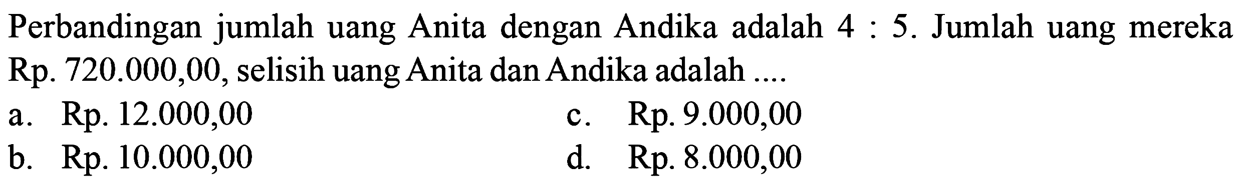 Perbandingan jumlah uang Anita dengan Andika adalah 4:5. Jumlah uang mereka Rp. 720.000,00, selisih uang Anita dan Andika adalah ....