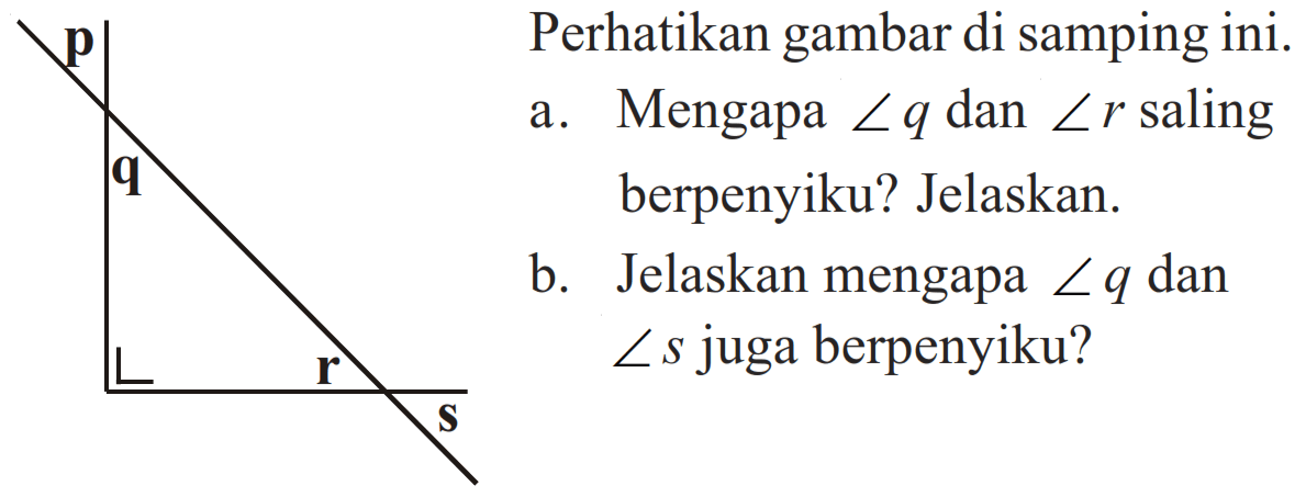 p q r s 
Perhatikan gambar di samping ini. 
a. Mengapa sudut q dan sudut r saling berpenyiku? Jelaskan. 
b. Jelaskan mengapa sudut q dan sudut s juga berpenyiku?