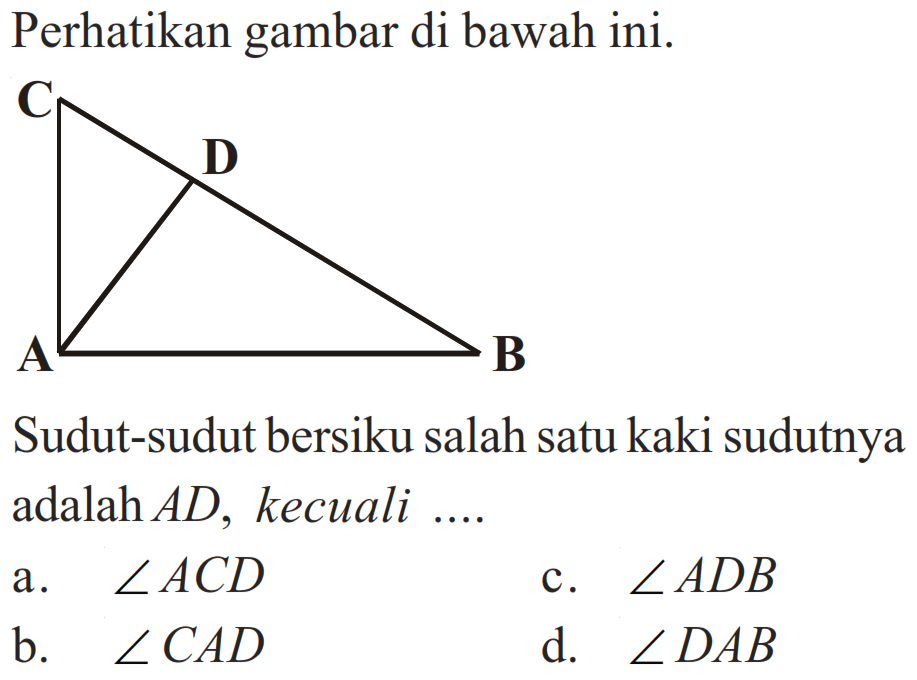 Perhatikan gambar di bawah ini.A B C DSudut-sudut bersiku salah satu kaki sudutnya adalah AD, kecuali .... a. sudut ACD c. sudut ADB b. sudut CAD d. sudut DAB 