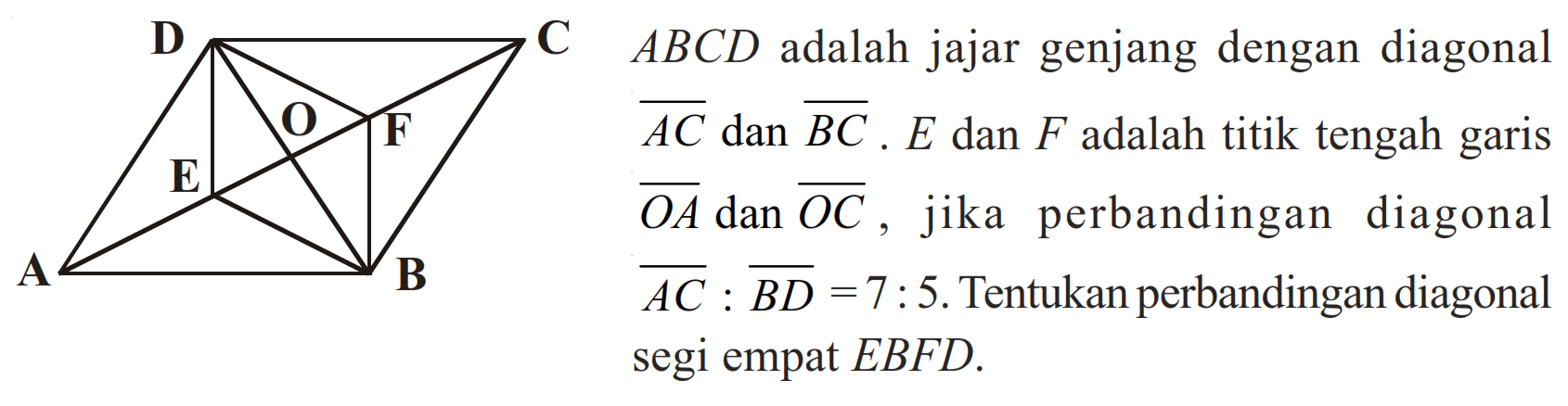 D C O F E A BABCD adalah jajar genjang dengan diagonal AC dan BC. E dan F adalah titik tengah garis OA dan OC, jika perbandingan diagonal AC:BD=7:5 . Tentukan perbandingan diagonal segi empat EBFD.