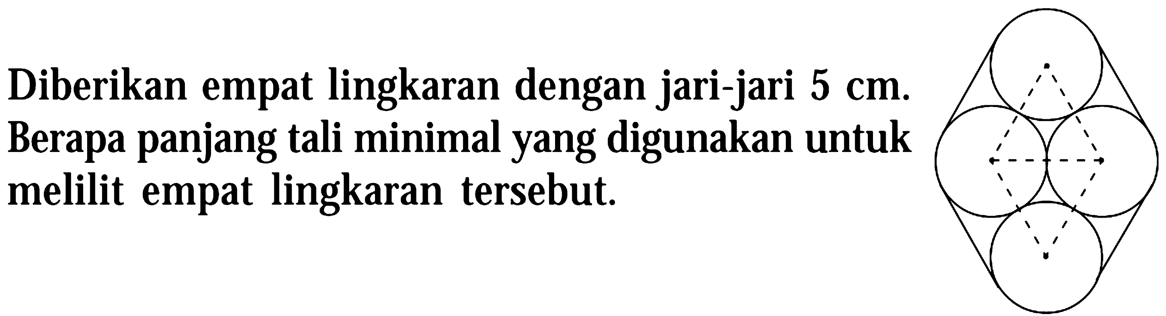 Diberikan empat lingkaran dengan jari-jari  5 cm . Berapa panjang tali minimal yang digunakan untuk melilit empat lingkaran tersebut. 