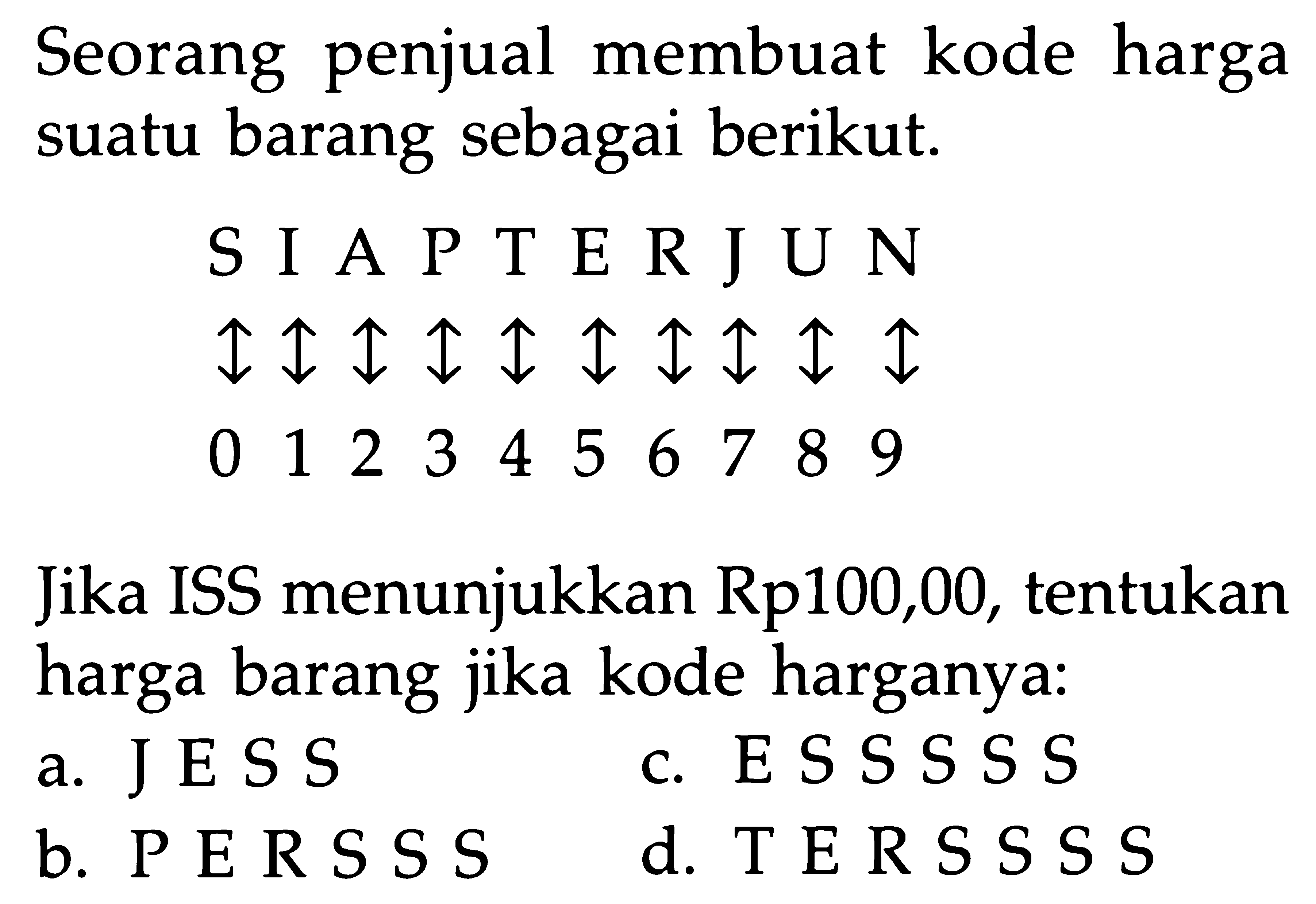 Seorang penjual membuat kode harga suatu barang sebagai berikut. 
S I A P T E R J U N 
0 1 2 3 4 5 6 7 8 9 
Jika ISS menunjukkan Rp100,00, tentukan harga barang jika kode harganya:
a. J E S S 
b. P E R S S S 
c. E S S S S S
d. T E R S S S S