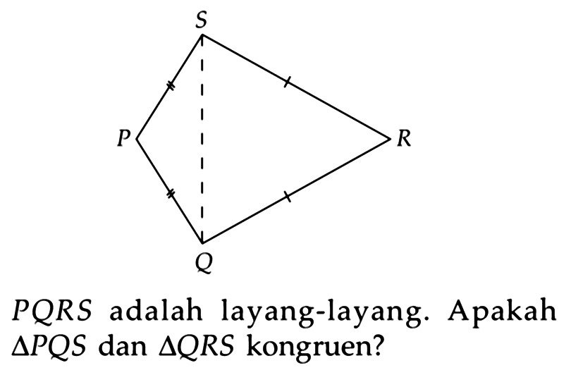 S P R Q 
PQRS adalah layang-layang. Apakah segitiga PQS dan segitiga QRS kongruen?