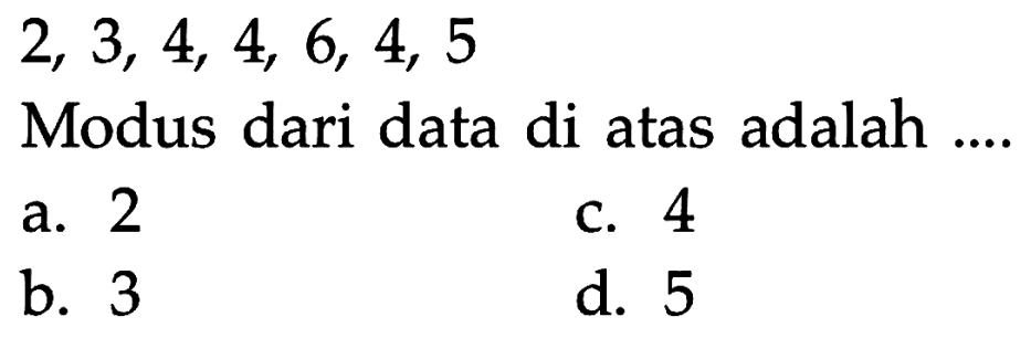  2,3,4,4,6,4,5 Modus dari data di atas adalah ....