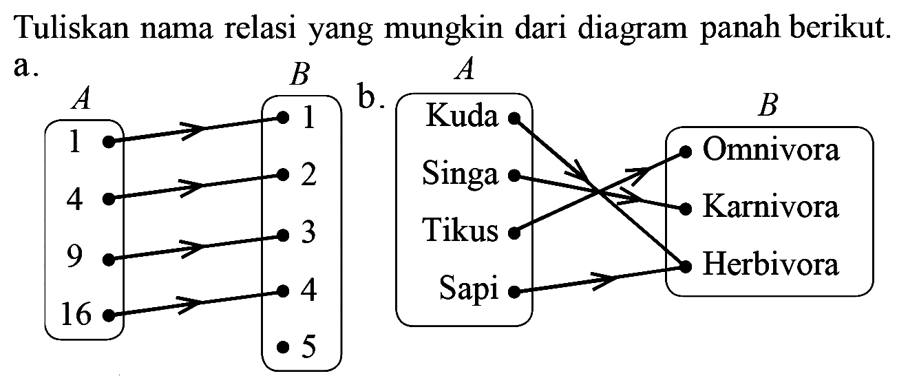 Tuliskan nama relasi yang mungkin dari diagram panah berikut.
a. A B 
1 1
4 2
9 3
16 4
5
b. A B
Kuda Omnivora
Singa Karnivora
Tikus Herbivora
Sapi