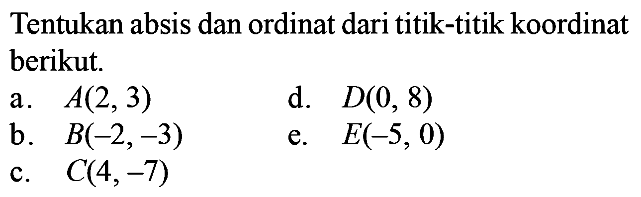 Tentukan absis dan ordinat dari titik-titik koordinat berikut. A(2,3) d. D(0, 8) b. B(-2,-3) e. E(-5, 0) C. C(4,-7)