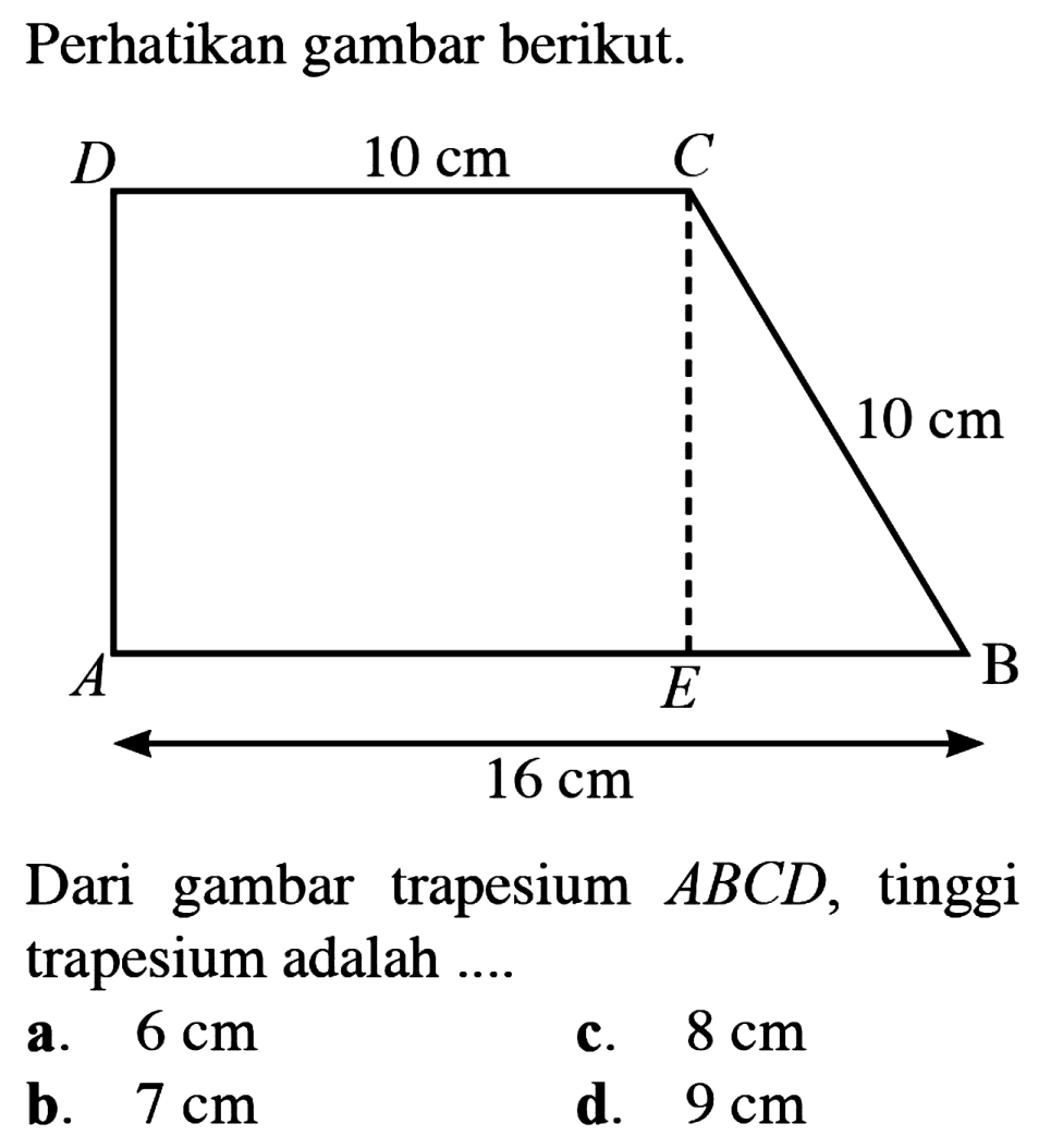 Perhatikan gambar berikut.Dari gambar trapesium ABCD, tinggi trapesium adalah ....