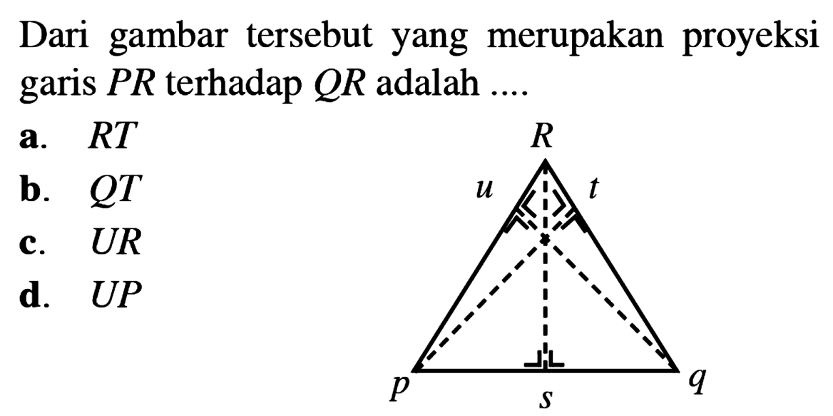 Dari gambar tersebut yang merupakan proyeksi garis PR terhadap QR adalah ....
p q R s t u
