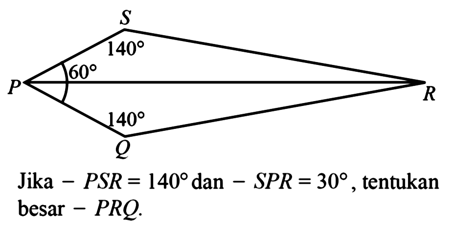 Jika -PSR=140 dan -SPR=30, tentukan besar -PRQ.
 PQRS 140 140 60