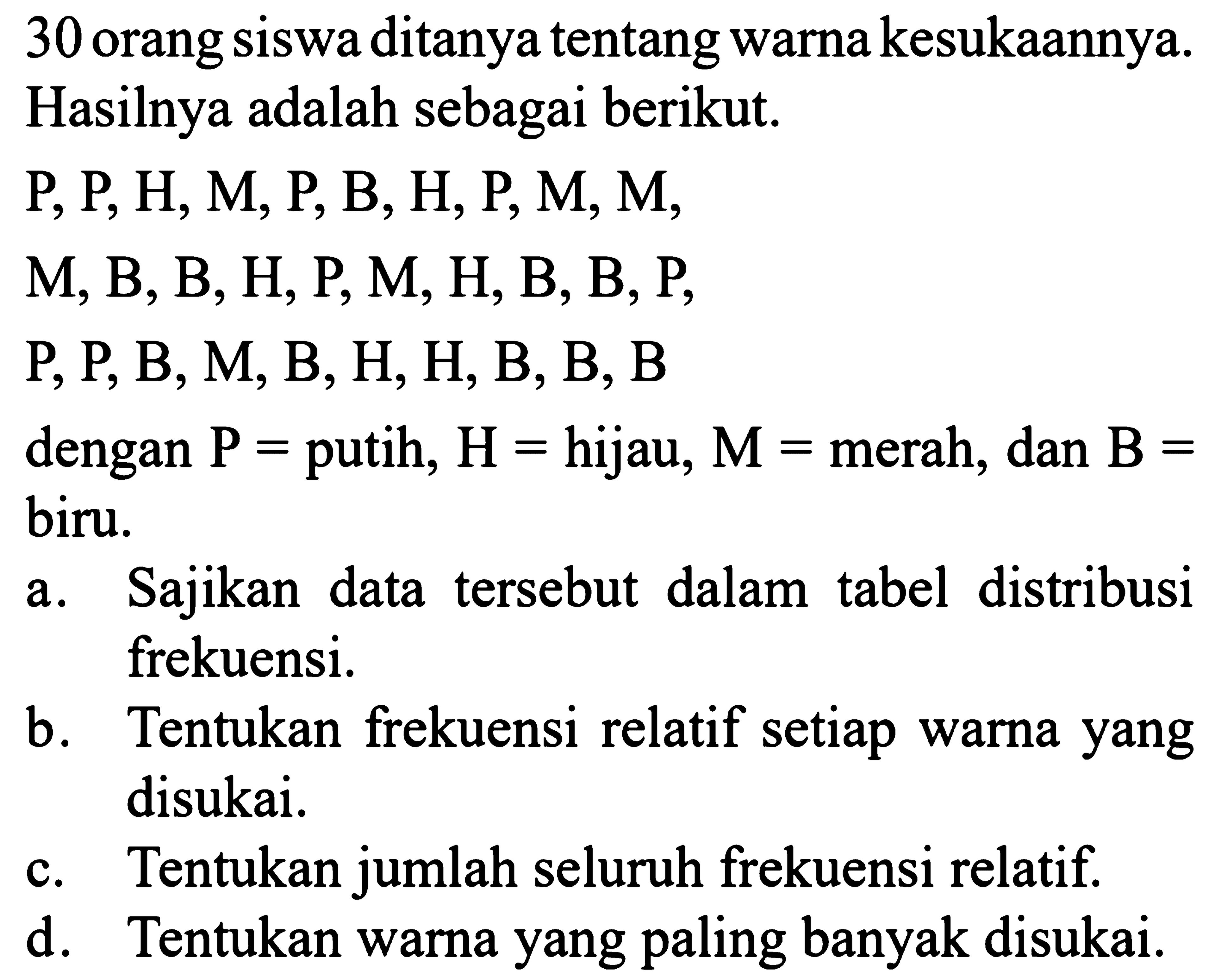 30 orang siswa ditanya tentang warna kesukaannya.
Hasilnya adalah sebagai berikut.
 P, P, H, M, P, B, H, P, M, M 
 M, B, B, H, P, M, H, B, B, P 
 P, P, B, M, B, H, H, B, B, B 
dengan  P=  putih,  H=  hijau,  M=  merah, dan  B=  biru.
a. Sajikan data tersebut dalam tabel distribusi frekuensi.
b. Tentukan frekuensi relatif setiap warna yang disukai.
c. Tentukan jumlah seluruh frekuensi relatif.
d. Tentukan warna yang paling banyak disukai.