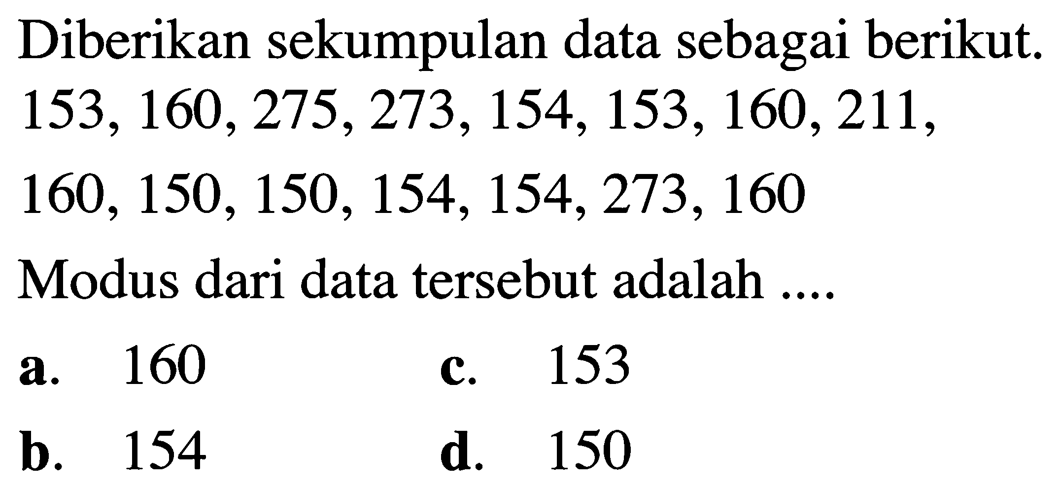 Diberikan sekumpulan data sebagai berikut. 153,160,275,273,154,153,160,211,160,150,150,154,154,273,160 Modus dari data tersebut adalah ....