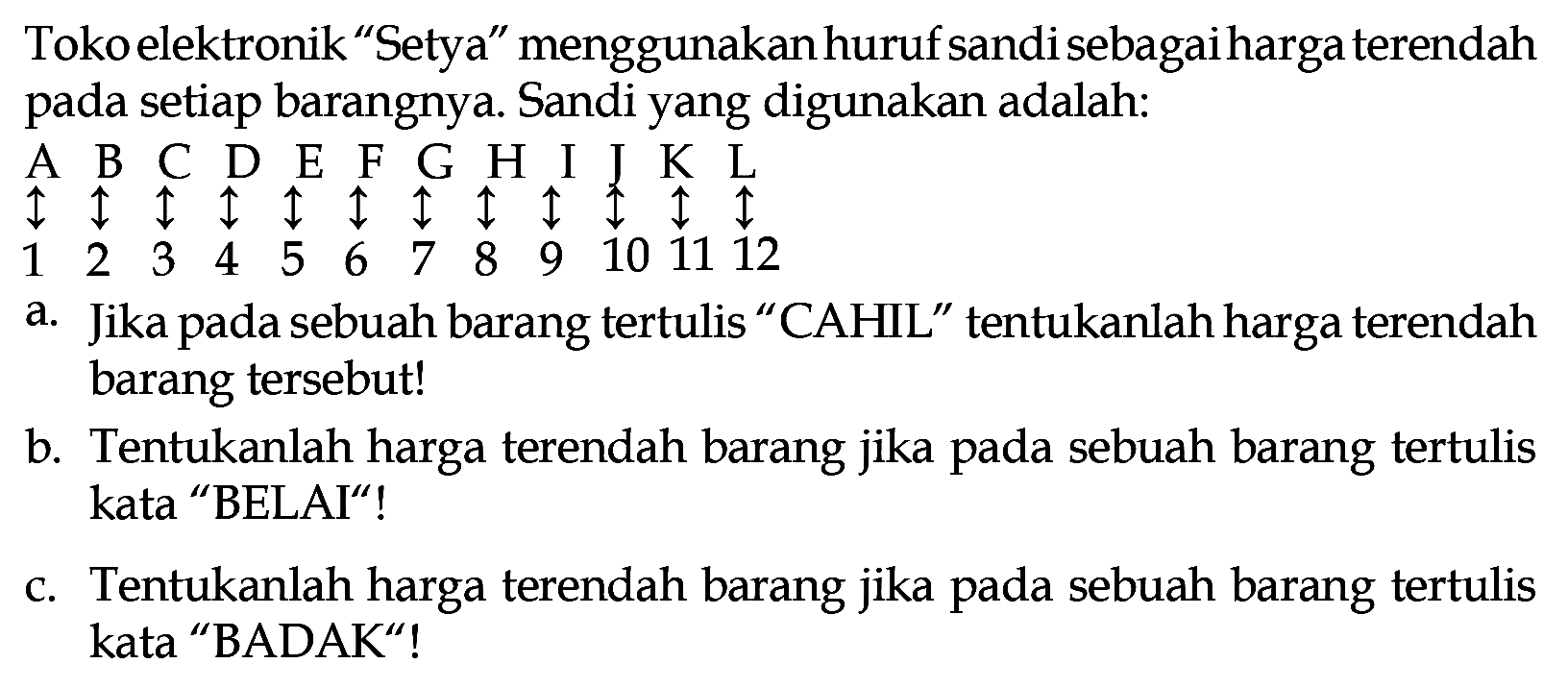 Toko elektronik "Setya" menggunakan huruf sandi sebagai harga terendah pada setiap barangnya. Sandi yang digunakan adalah:
A <-> 1 B <-> 2 C <-> 3 D <-> 4 E <-> 5 F <-> 6 G <-> 7 H <-> 8 I <-> 9 J <-> 10 K <-> 11 L <-> 12 a. Jika pada sebuah barang tertulis "CAHIL" tentukanlah harga terendah barang tersebut! b. Tentukanlah harga terendah barang jika pada sebuah barang tertulis kata "BELAI"! c. Tentukanlah harga terendah barang jika pada sebuah barang tertulis kata "BADAK"!