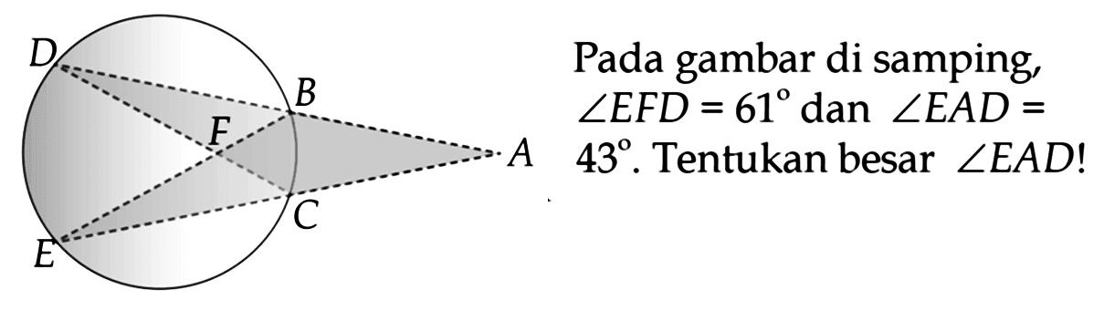 D E F B C A 
Pada gambar di samping, sudut EFD = 61 dan sudut EAD = 43. Tentukan besar sudut EAD!