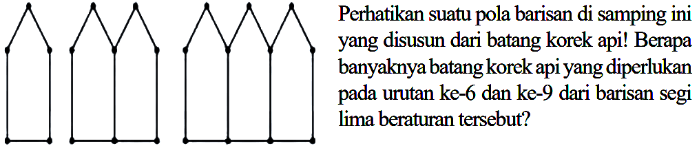 (6 segi lima)
Perhatikan suatu pola barisan di samping ini yang disusun dari batang korek apil Berapa banyaknya batangkorek apiyang diperlukan pada urutan ke-6 dan ke-9 dari barisan segi lima beraturan tersebut?