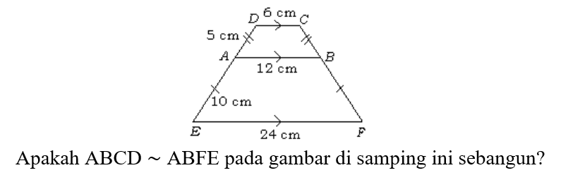 D 6 cm C 5 cm A 12 cm B 10 cm E 24 cm F Apakah ABCD ~ ABFE pada gambar di samping ini sebangun? 