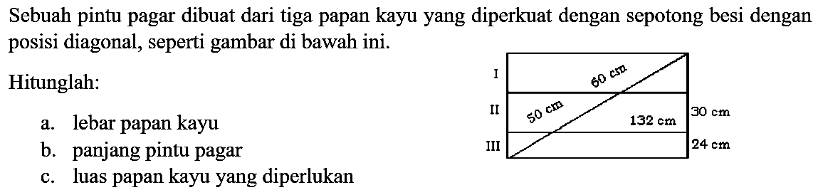 Sebuah pintu pagar dibuat dari tiga papan kayu yang diperkuat dengan sepotong besi dengan posisi diagonal, seperti gambar di bawah ini. 
I 60 cm II 50 cm 132 cm 30 cm III 24 cm 
Hitunglah: 
a. lebar papan kayu 
b. panjang pintu pagar 
c. luas papan kayu yang diperlukan