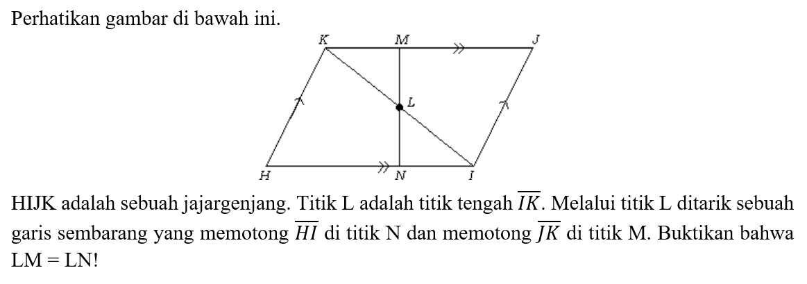 Perhatikan gambar di bawah ini. K M J L H N HIJK adalah sebuah jajargenjang. Titik L adalah titik tengah vektor IK. Melalui titik L ditarik sebuah garis sembarang yang memotong vektor HI di titik N dan memotong vektor JK di titik M. Buktikan bahwa LM=LN! 