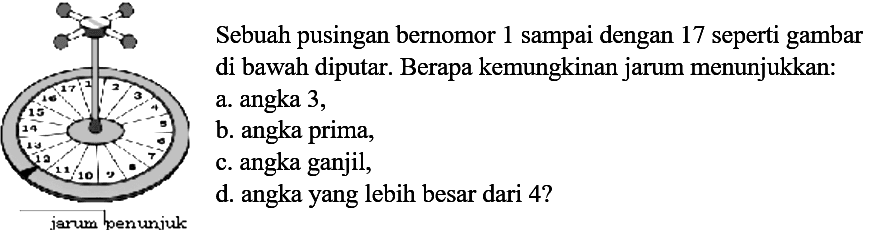 Sebuah pusingan bernomor 1 sampai dengan 17 seperti gambar di bawah diputar. Berapa kemungkinan jarum menunjukkan: 
a. angka 3, 
b. angka prima, 
c. angka ganjil, 
d. angka yang lebih besar dari 4? 
jarum penunjuk