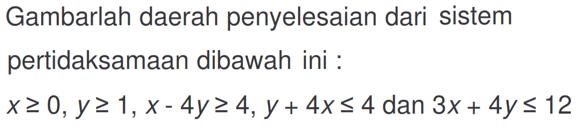 Gambarlah daerah penyelesaian dari sistem pertidaksamaan dibawah ini: x>=0, y>=1, x-4y>=4, y+4x<=4 dan 3x+4y<=12