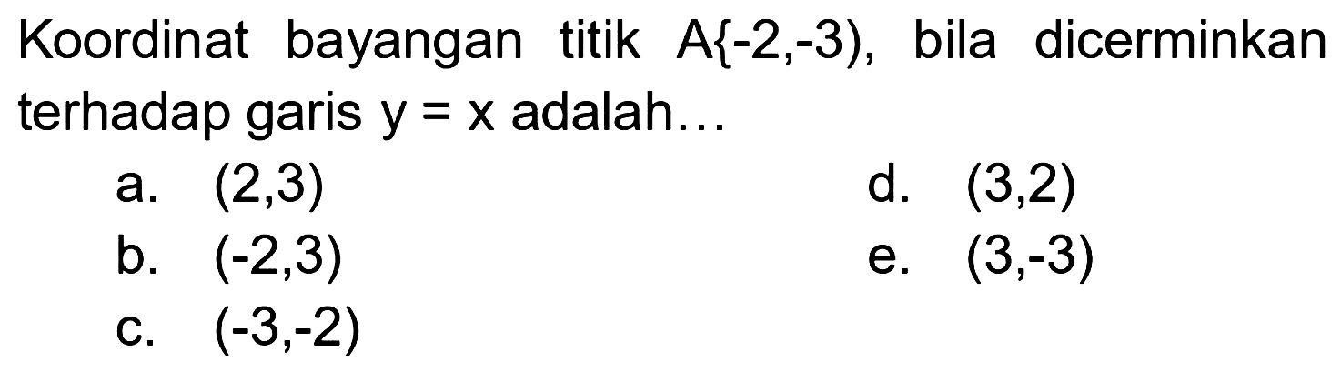 Koordinat bayangan titik A{-2,-3), bila dicerminkan terhadap garis y=x adalah...