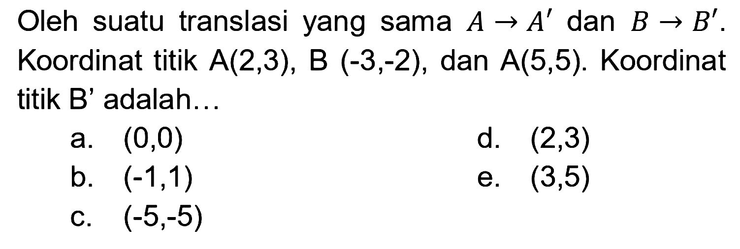 Oleh suatu translasi yang sama A->A' dan B->B'. Koordinat titik A(2,3), B (-3,-2), dan A(5,5). Koordinat titik B' adalah...