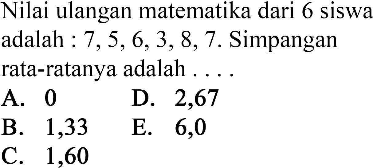 Nilai ulangan matematika dari 6 siswa adalah : 7,5,6,3,8,7. Simpangan rata-ratanya adalah .....