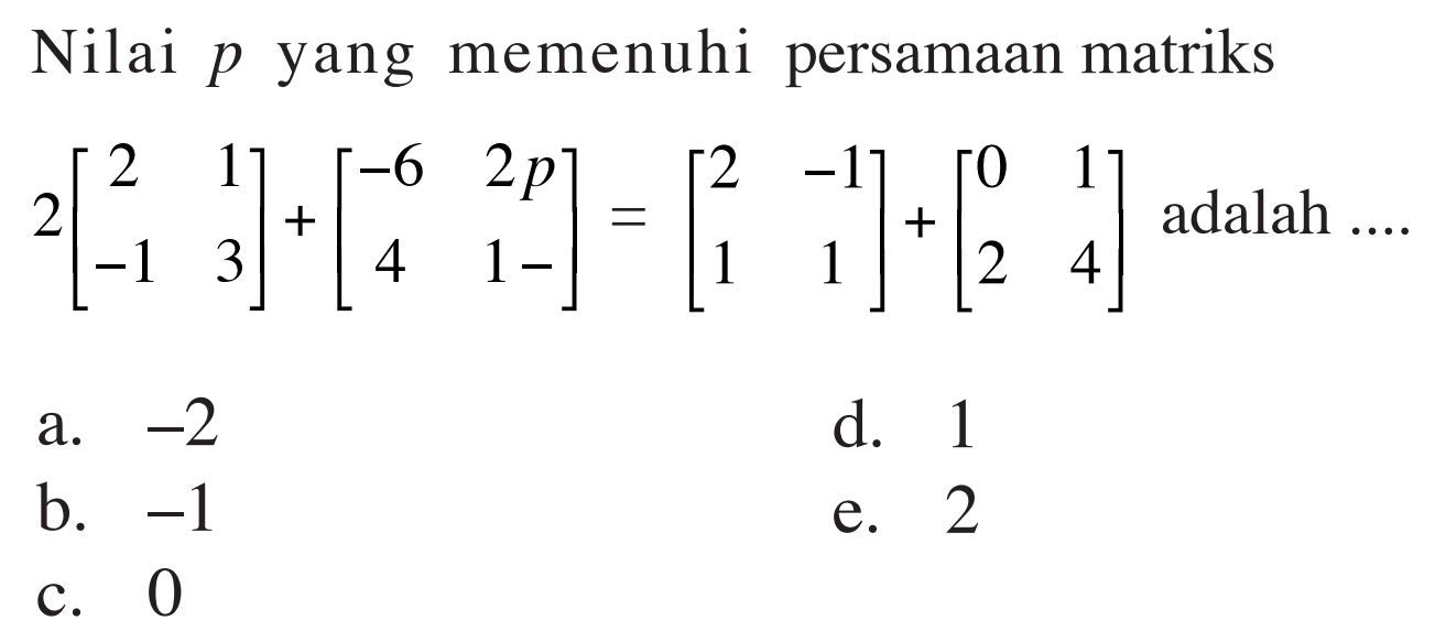 Nilai p yang memenuhi persamaan matriks 2[2 1 -1 3]+[-6 2p 4 1-]=[2 -1 1 1]+[0 1 2 4] adalah .... 