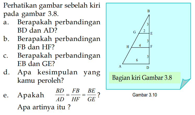 Perhatikan gambar sebelah kiri pada gambar 3.8.
a. Berapakah perbandingan BD dan AD?
b. Berapakah perbandingan FB dan HF?
c. Berapakah perbandingan EB dan GE?
d. Apa kesimpulan yang kamu peroleh?
e. Apakah BD/AD = FB/HF = BE/GE? Apa artinya itu?
B
3
G 2 E
3
H 4 F
3
6
A D