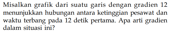 Misalkan grafik dari suatu garis dengan gradien 12 menunjukkan hubungan antara ketinggian pesawat dan waktu terbang pada 12 detik pertama. Apa arti gradien dalam situasi ini?